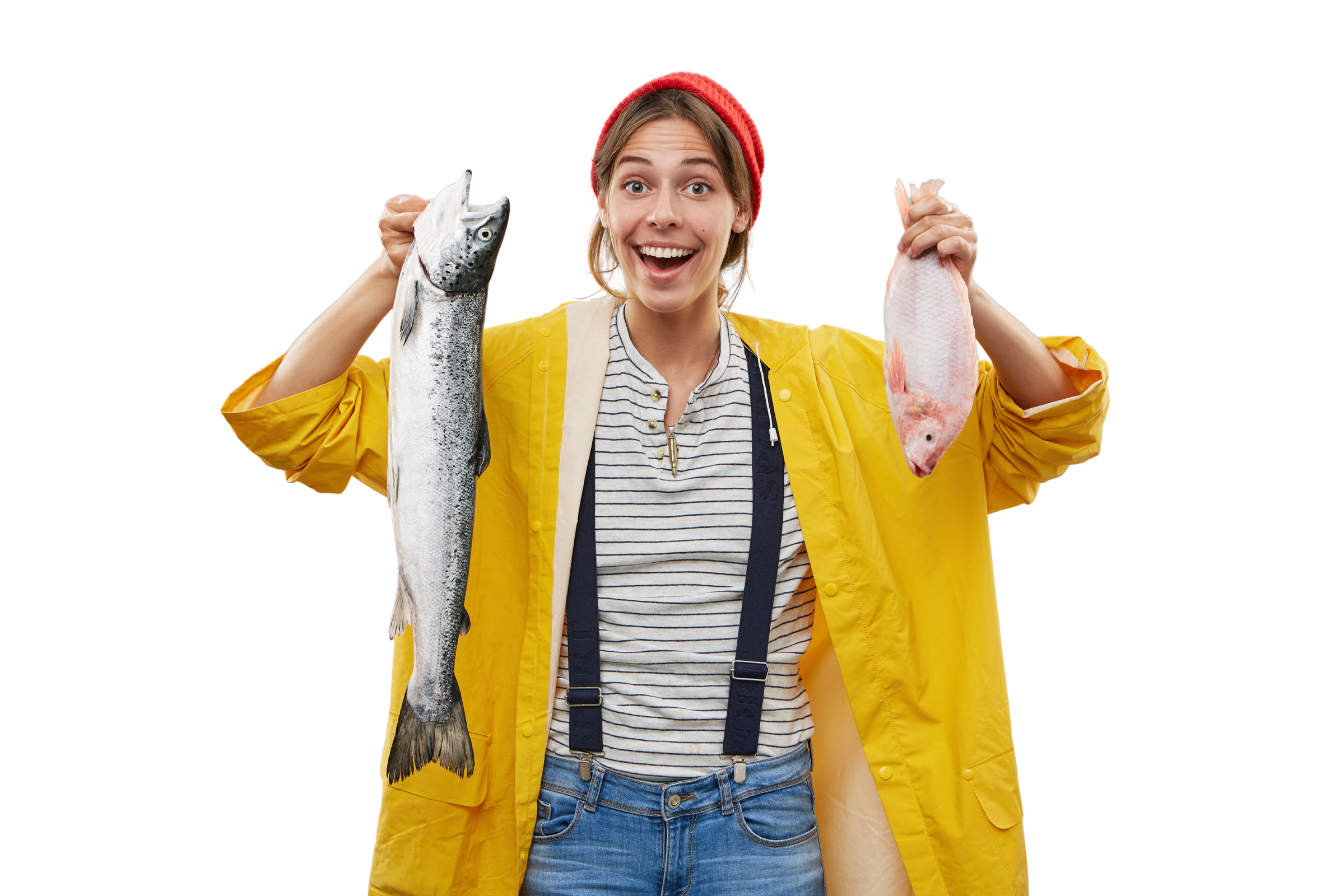 Happy fishmonger holding fresh fish